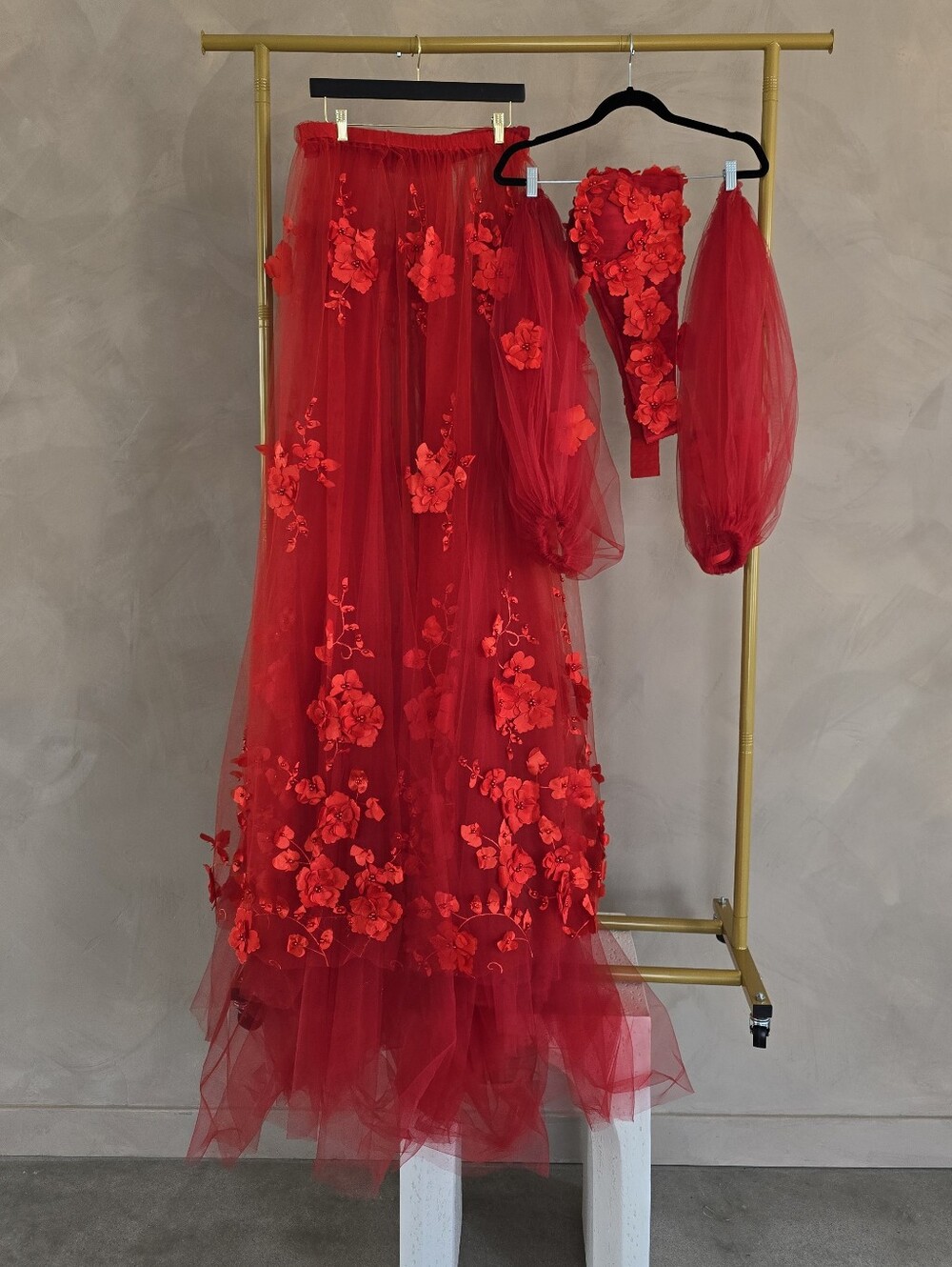 Red Floral Appliqué Tulle Two-Piece Gown